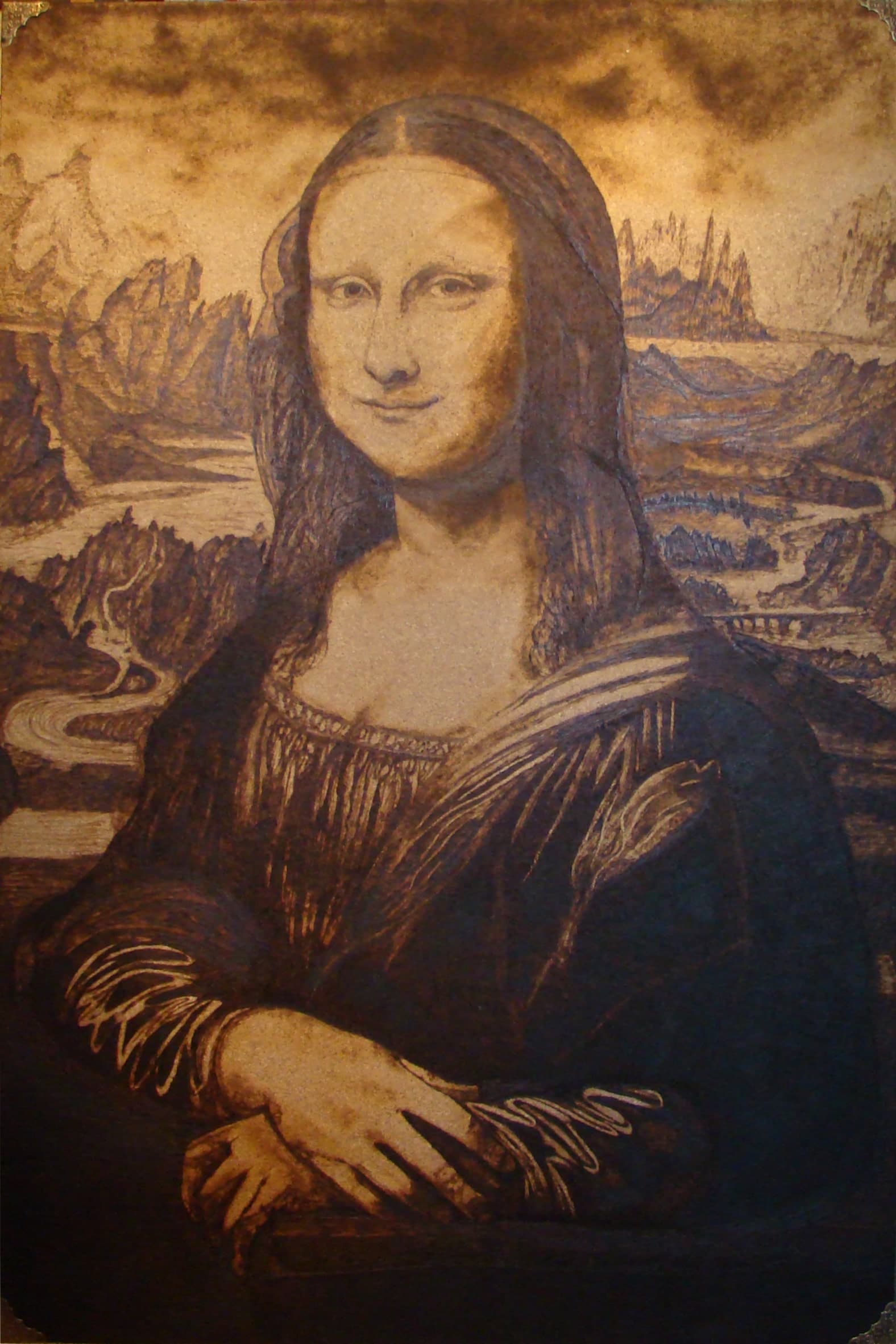 Mona Lisa – pyrographische Interpretation des da-Vinci-Motivs auf Holz; von Ralph D. Woop