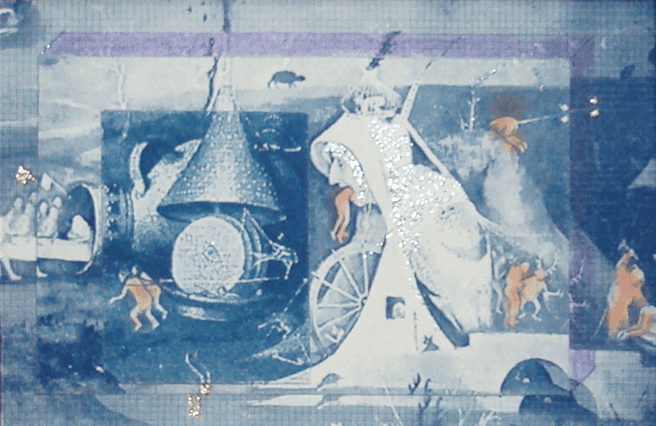 Hieronimus Bosch – surreale, mehrfigurige Cyanotypie in Blautönen nach fantastischen Bildwelten; von Ralph D. Woop