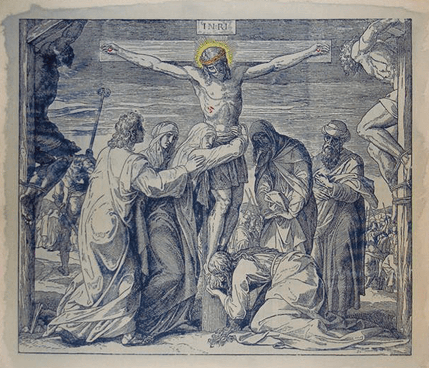 Kreuzigung – religiöses Motiv in Blautönen nach klassischer Bildreferenz; Cyanotypie von Ralph D. Woop