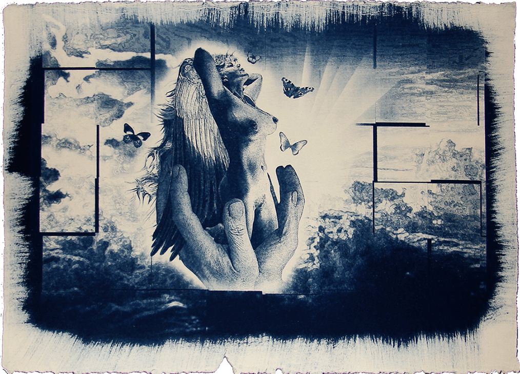 Lucy in the Sky – schwebendes, leicht surreales Motiv in Blautönen zwischen Himmel und Figur; Cyanotypie von Ralph D. Woop