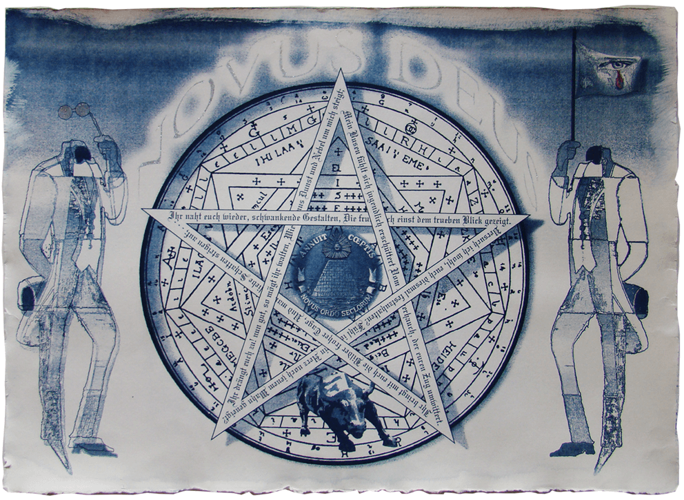 Novus Deus – symbolische Cyanotypie in Blautönen mit ritueller, geometrischer Struktur; von Ralph D. Woop