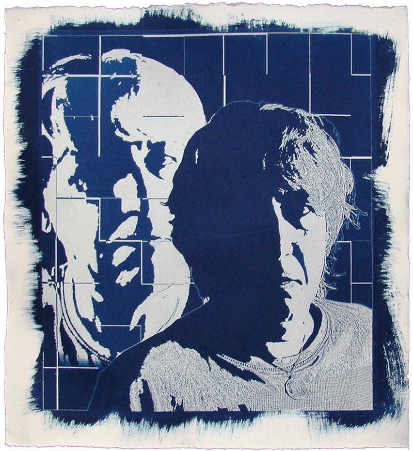 Selbstportrait – Cyanotypie in Blautönen als raues, grafisches Selbstporträt; von Ralph D. Woop