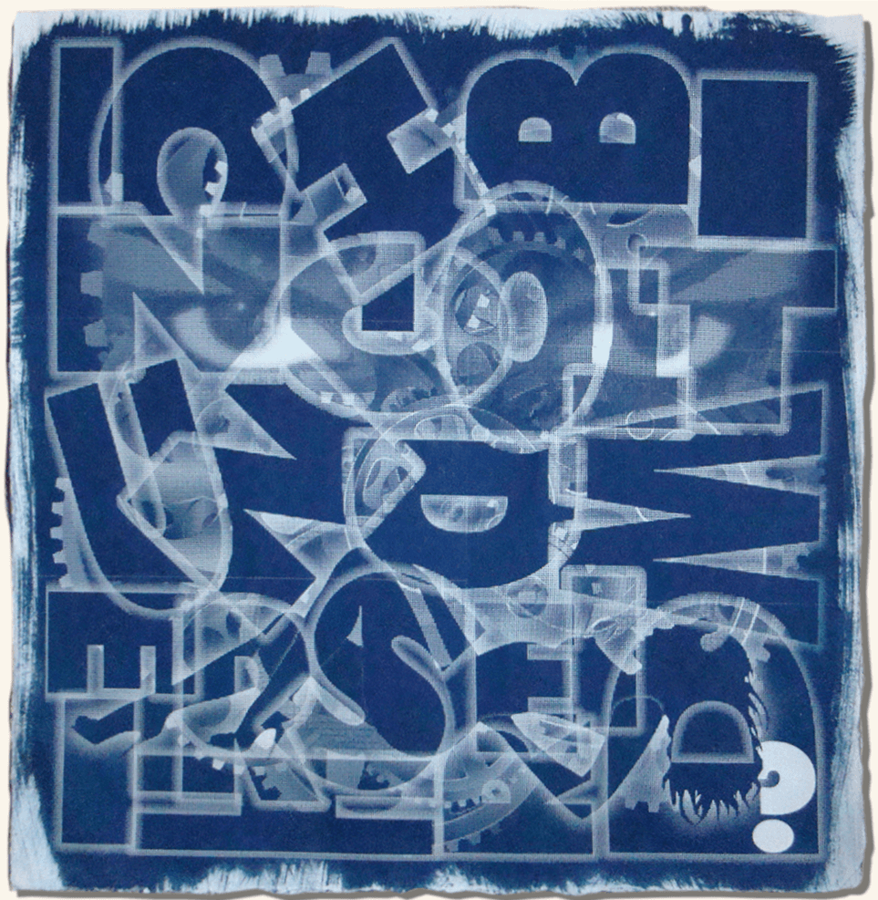Typographicon II – typografisch-abstrakte Cyanotypie in Blautönen mit Schrift als Bildkörper; von Ralph D. Woop
