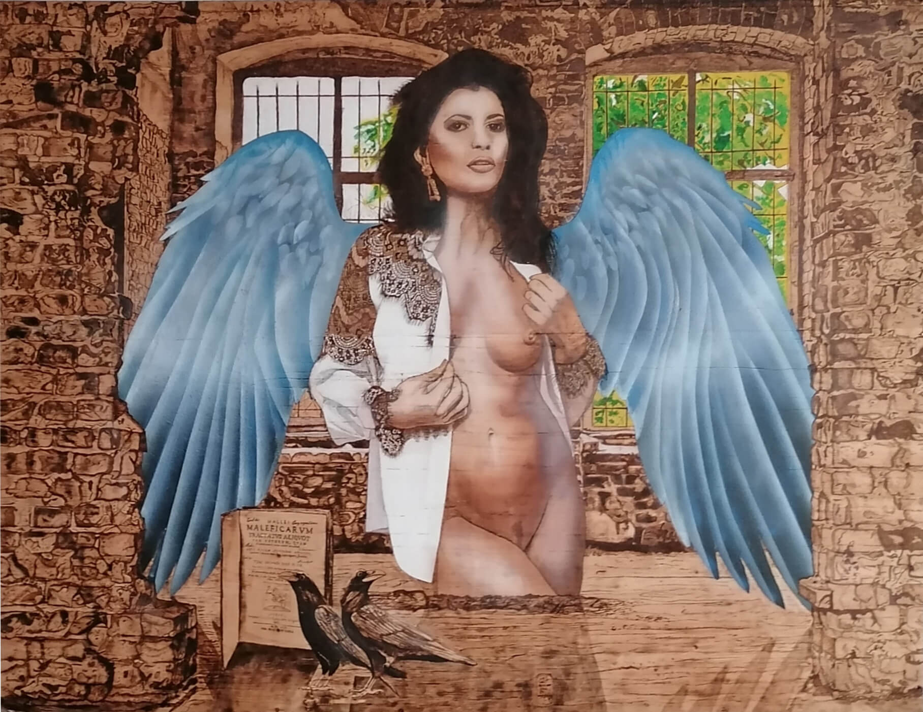 666 – colorierte Pyrographie/Mischtechnik auf Holz mit figürlichem Zentrum und Flügelmotiv (122 × 93 cm); von Ralph D. Woop