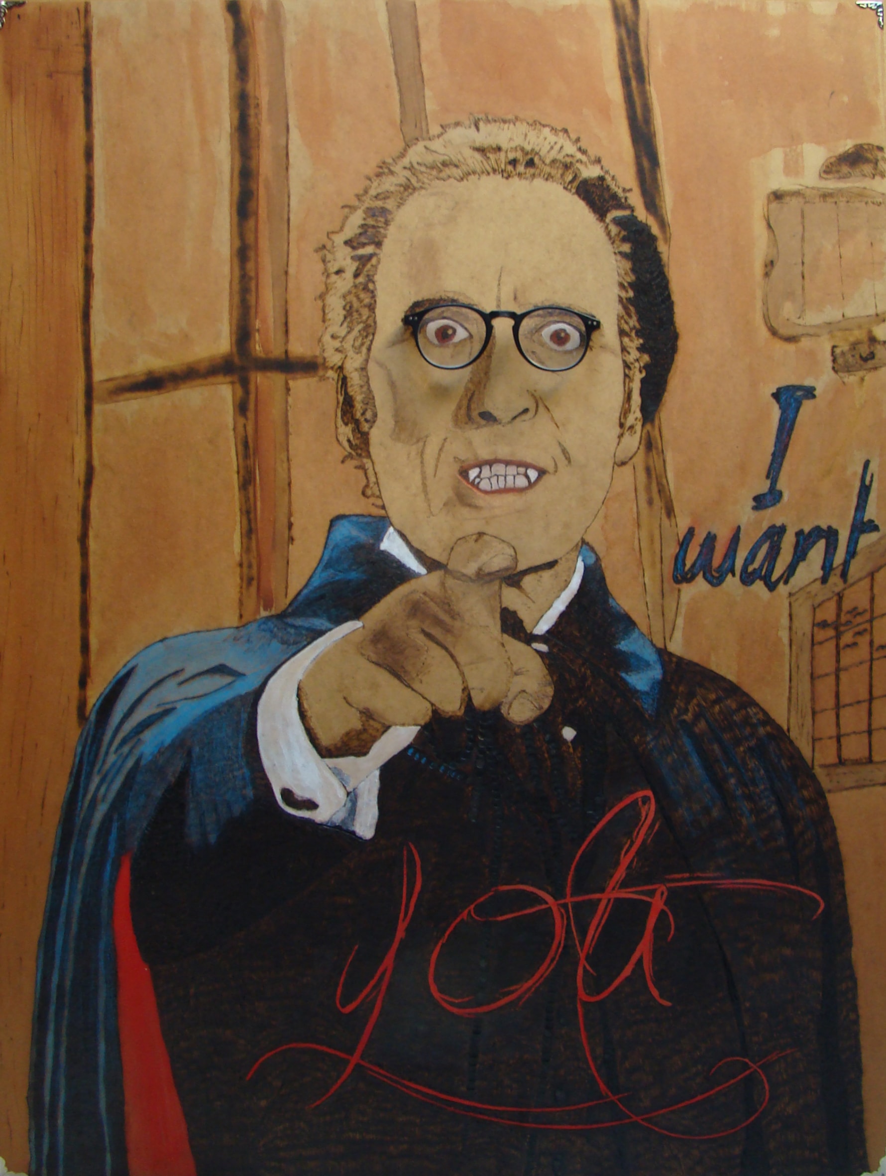 Der Fürst verlangt nach Dir – plakative Pyrographie auf Holz mit auffordernder Figur und Geste; von Ralph D. Woop