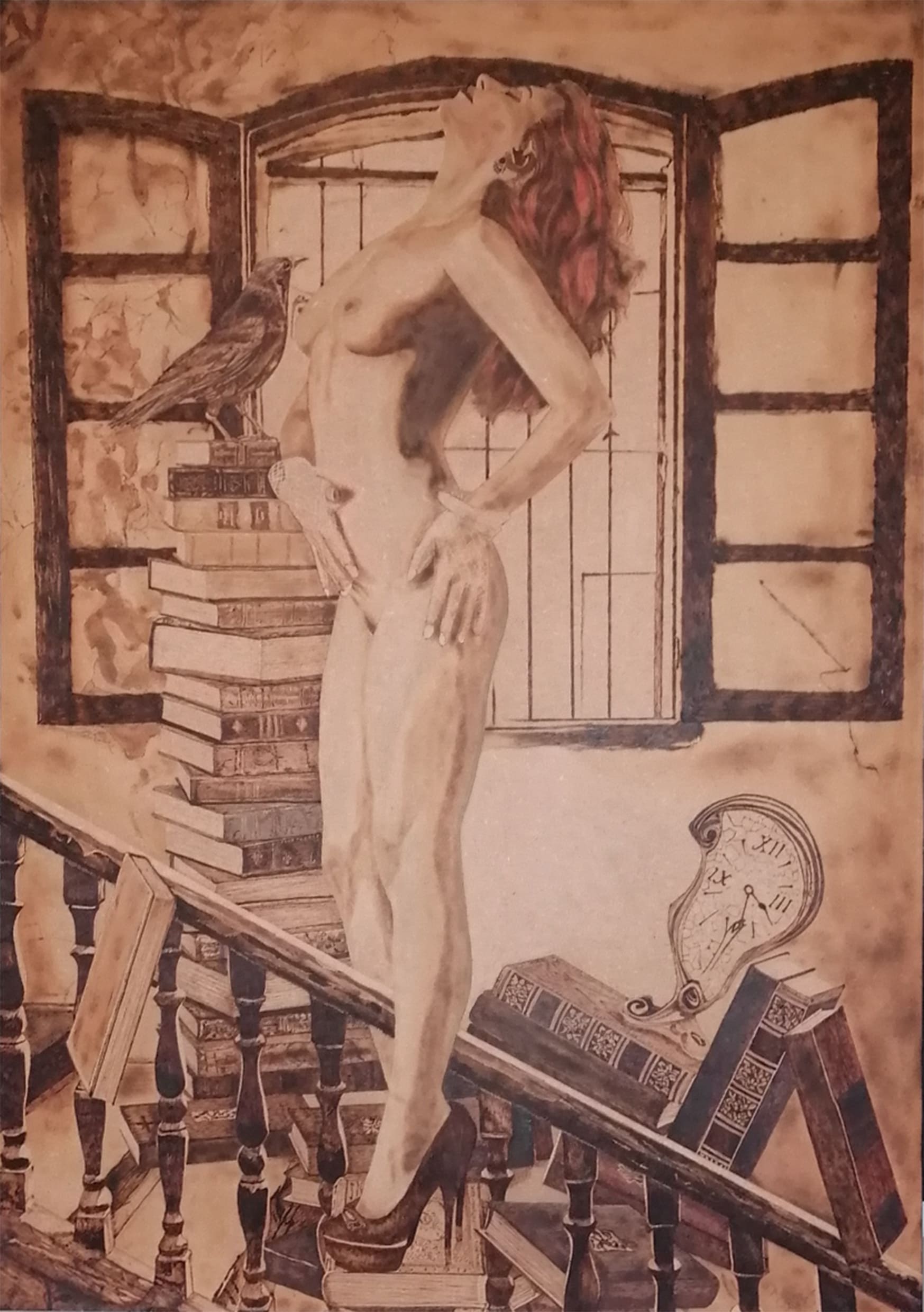Hexenwerk IV – dunkel-poetische Pyrographie auf Holz mit märchenhafter Figur und Symbolik; von Ralph D. Woop