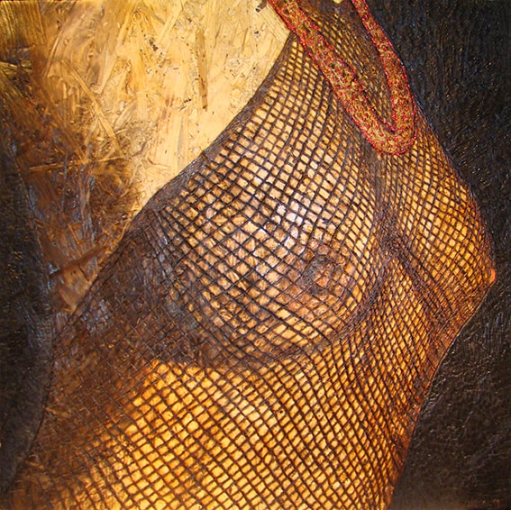 Im Netz gefangen – quadratische Pyrographie auf OSB-Platte mit Netzstruktur und gefangener Figur; von Ralph D. Woop