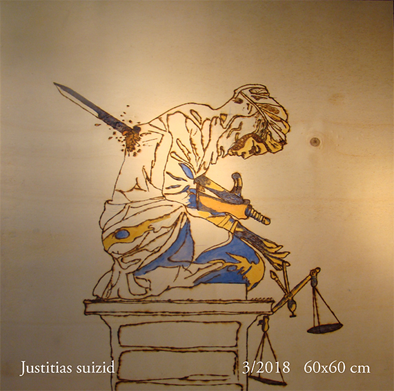 Justitias Suizid – symbolische colorierte Pyrographie auf Holz über Gerechtigkeit und Scheitern; von Ralph D. Woop