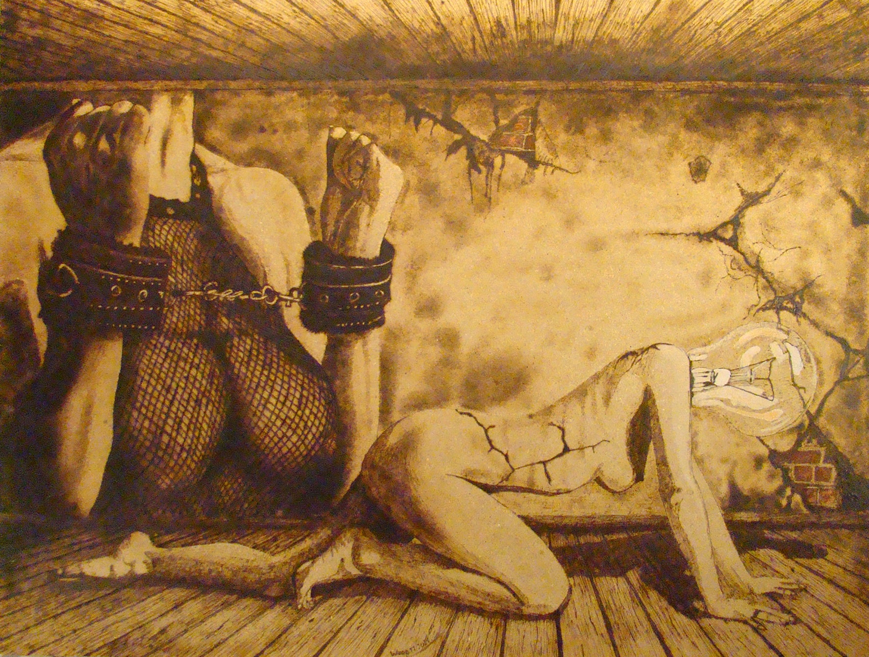 Knechtschaft – dramatische Pyrographie auf Holz über Unterwerfung mit betonten horizontalen Linien; von Ralph D. Woop