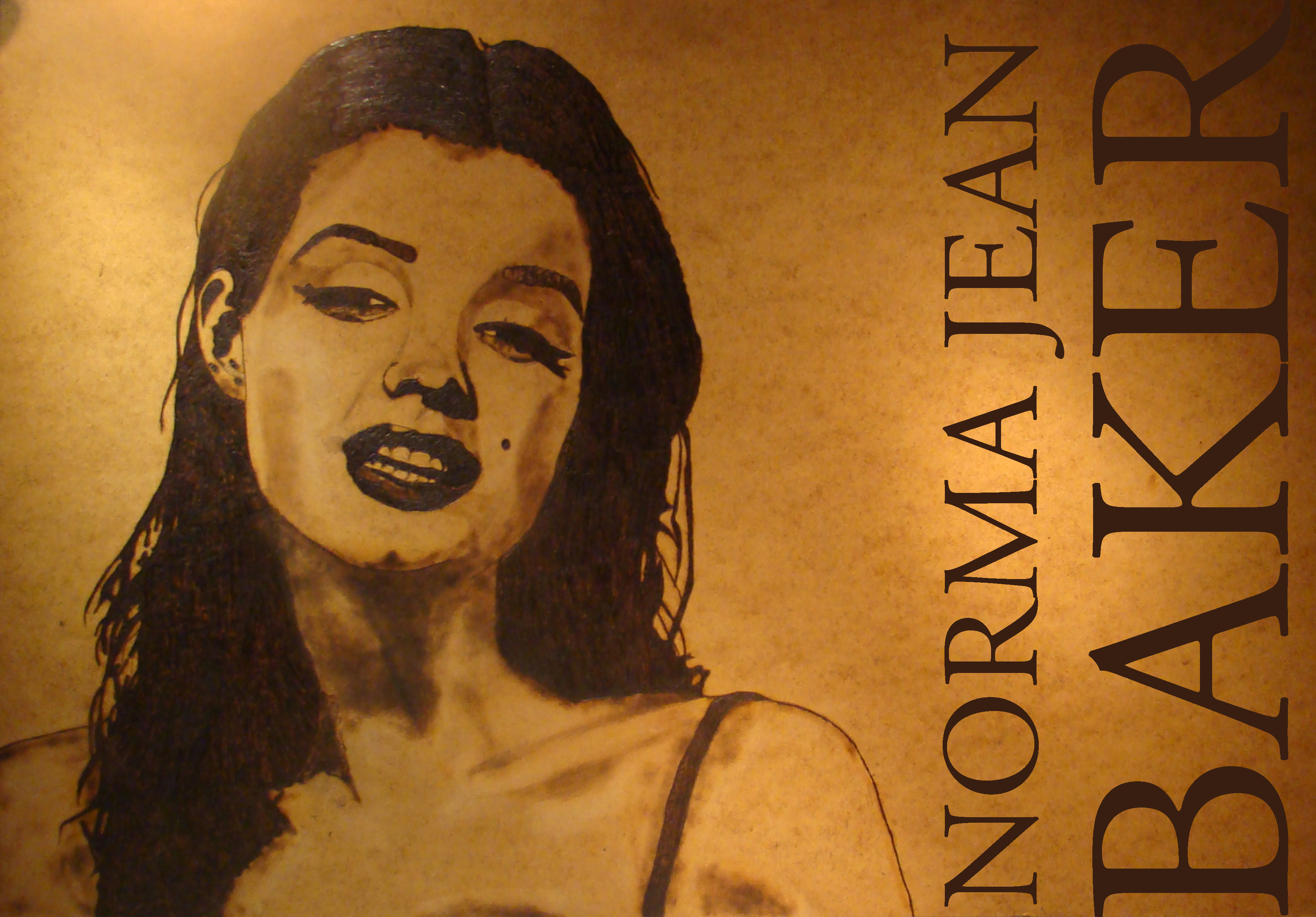 Norma Jean Baker – pyrographisches Porträt auf Holz mit nostalgischer Wirkung (Marilyn Monroe); von Ralph D. Woop