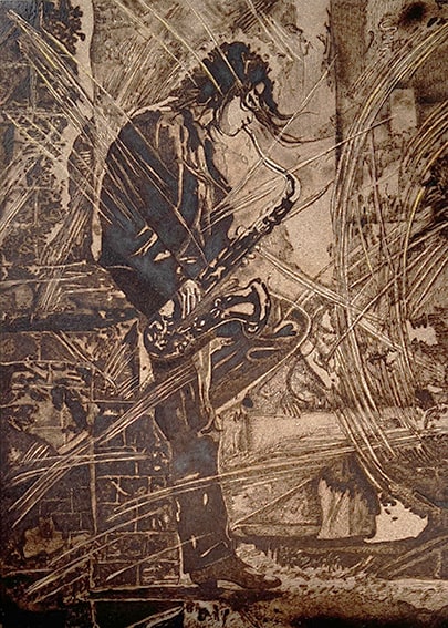 Sax Guy – pyrographisches Musikmotiv auf Holz mit Saxophon und ruhiger Pose; von Ralph D. Woop