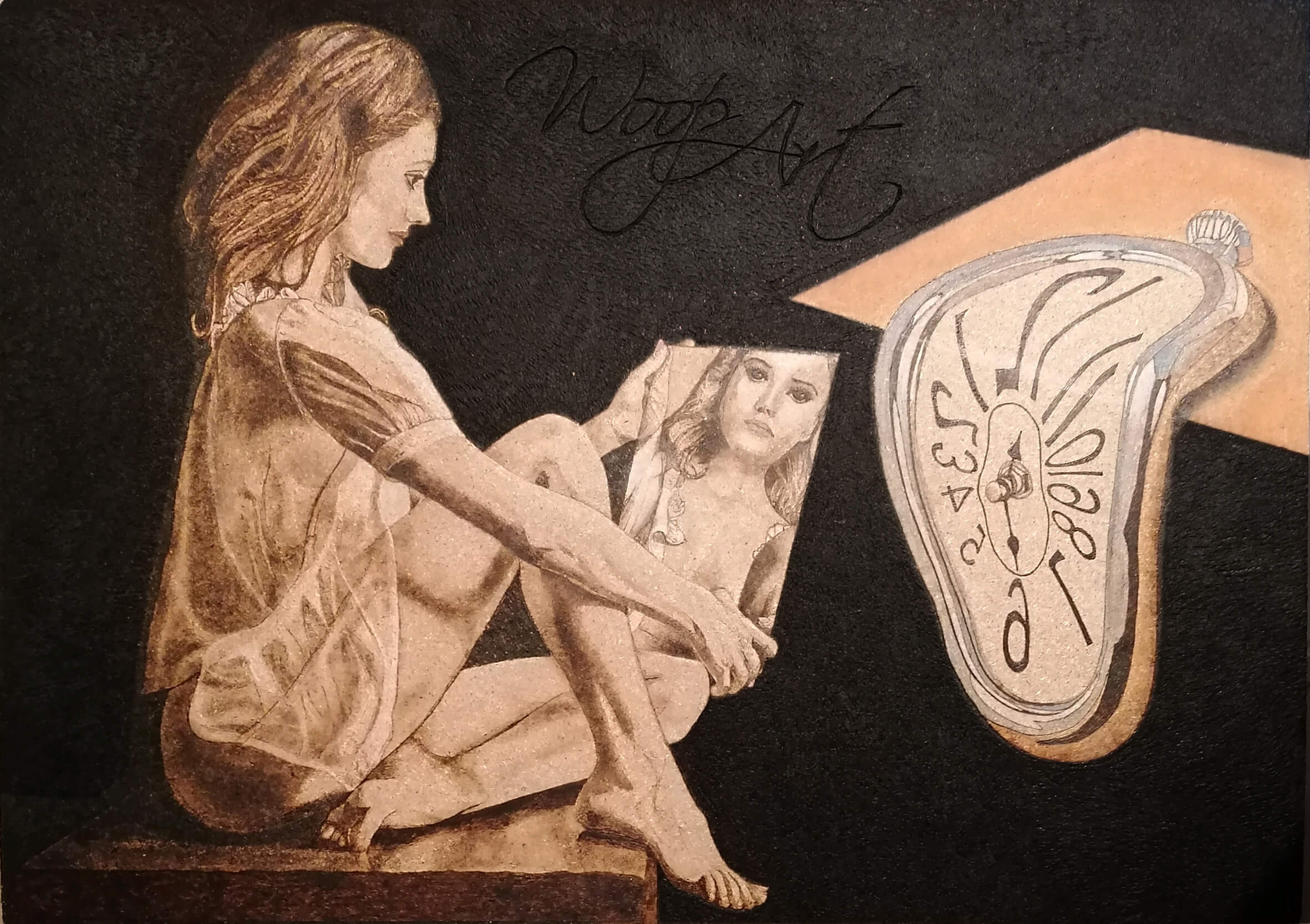 Spiegelbilder – horizontale Pyrographie auf Holz über Spiegelung und Doppelung im Innenraum; von Ralph D. Woop
